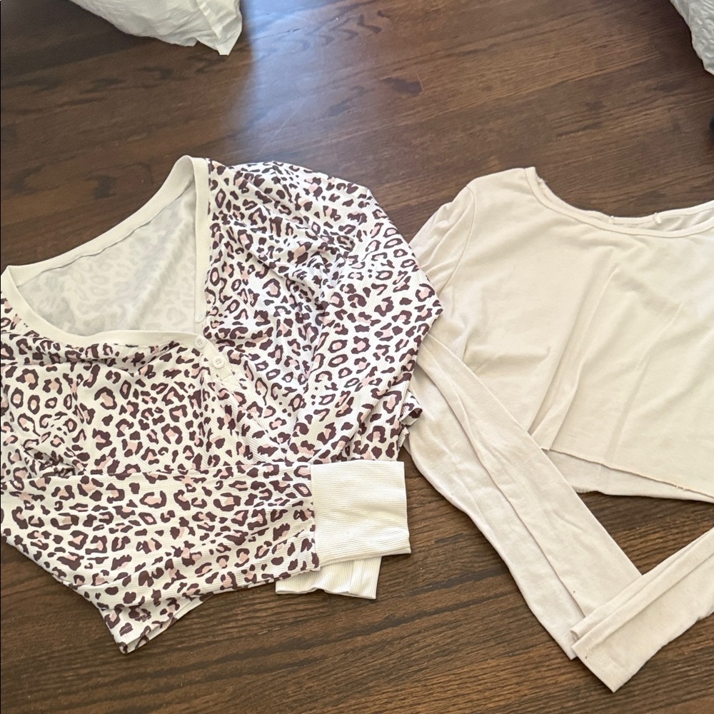 Leopard Print Cropped Top & Cream Long Sleeve Twinset